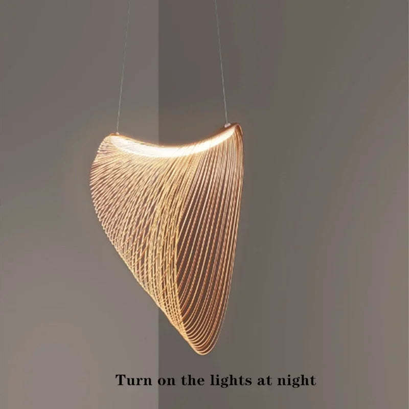 LUCORA wood-strip pendant light glowing at night against a gray wall