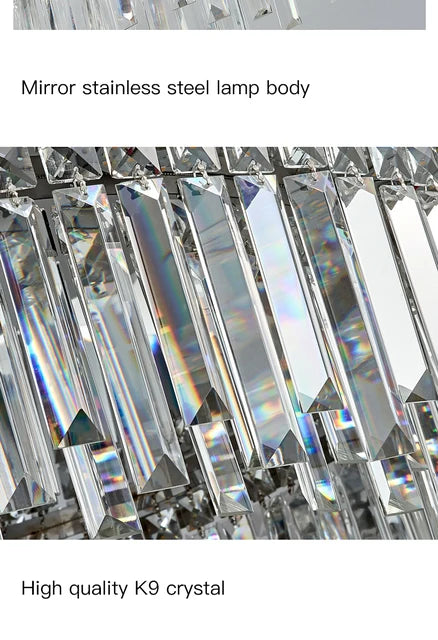 AMELIA crystal prism close-up with notes on the mirror steel lamp body and crystal quality