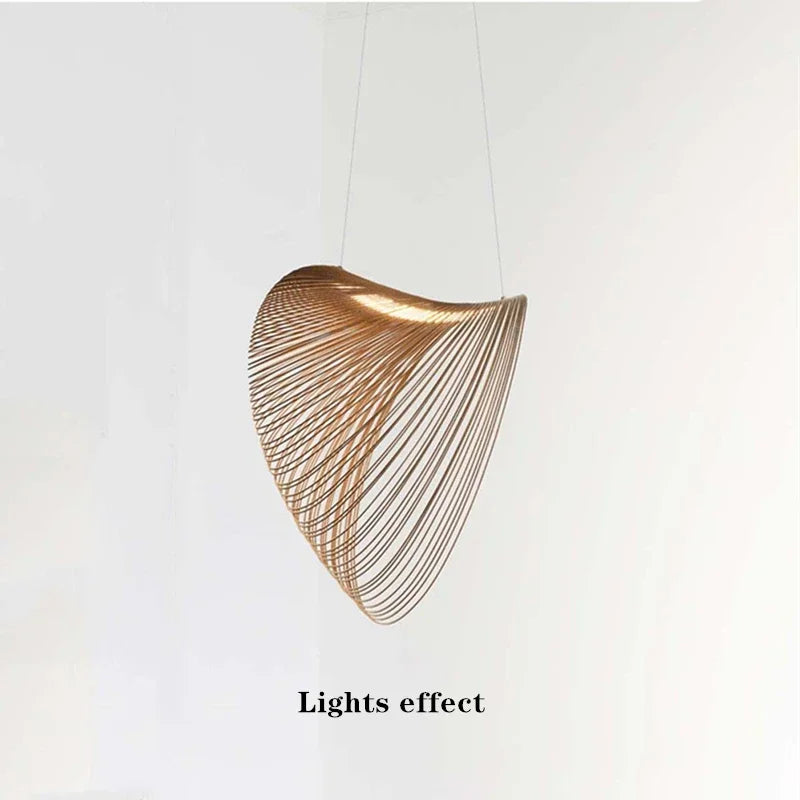 LUCORA wood-strip pendant light, lit, against a white wall