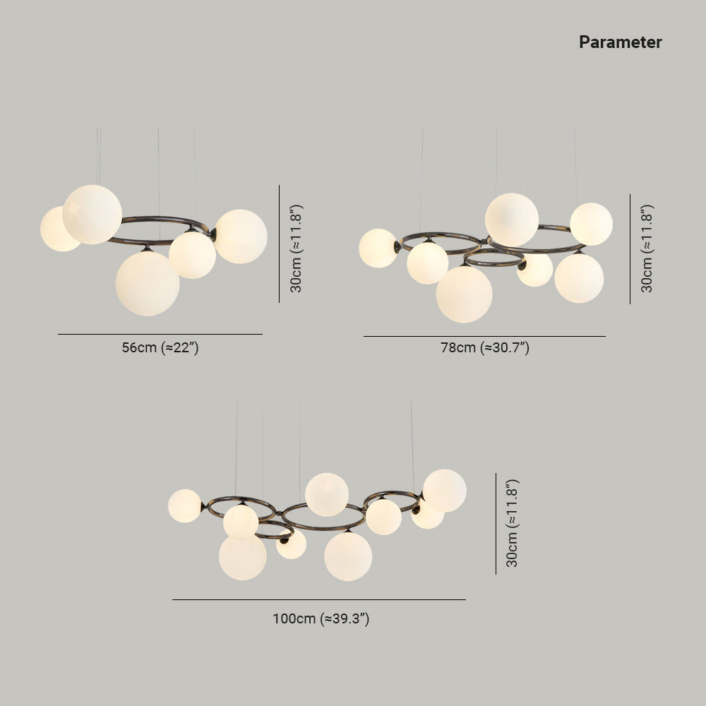 CRESSIDA size chart with dimensions for each size, white globes on black rings