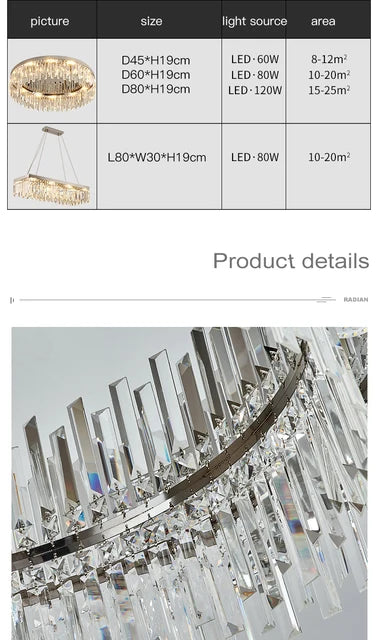 AMELIA size chart with dimensions, wattage and room area for each size, plus crystal detail