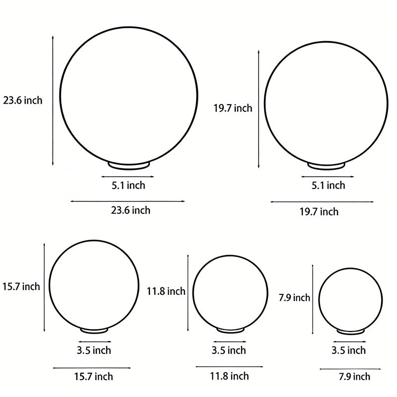 ENYA size chart with dimensions for each sphere, 7.9" to 23.6" diameter