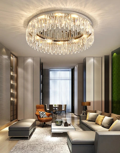 AMELIA round crystal flush ceiling light, lit, in a living room