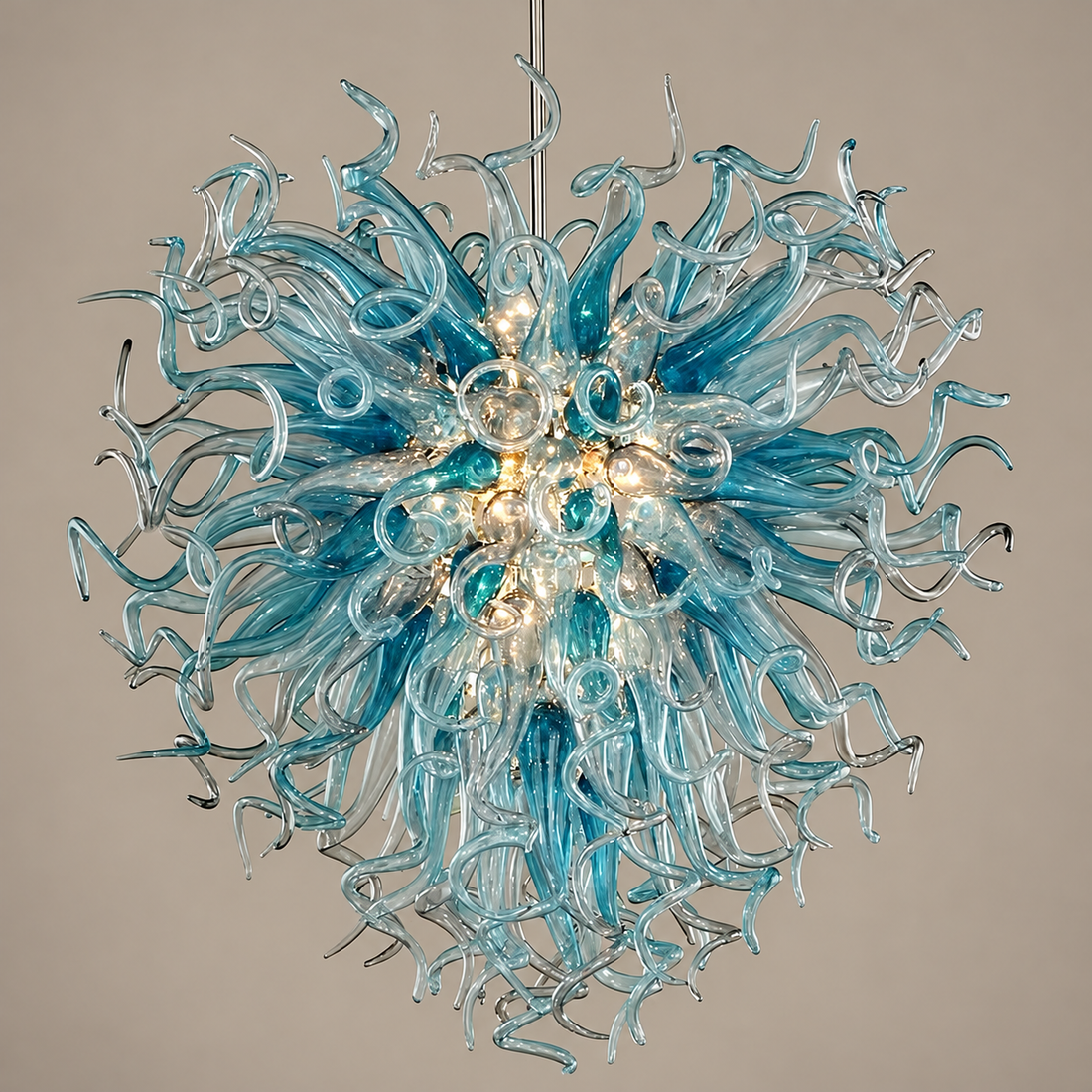 Hand-Blown Blue Glass Art Chandelier – 70 cm on a mushroom taupe background