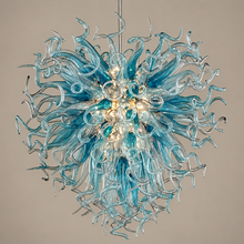 Hand-Blown Blue Glass Art Chandelier – 70 cm on a mushroom taupe background