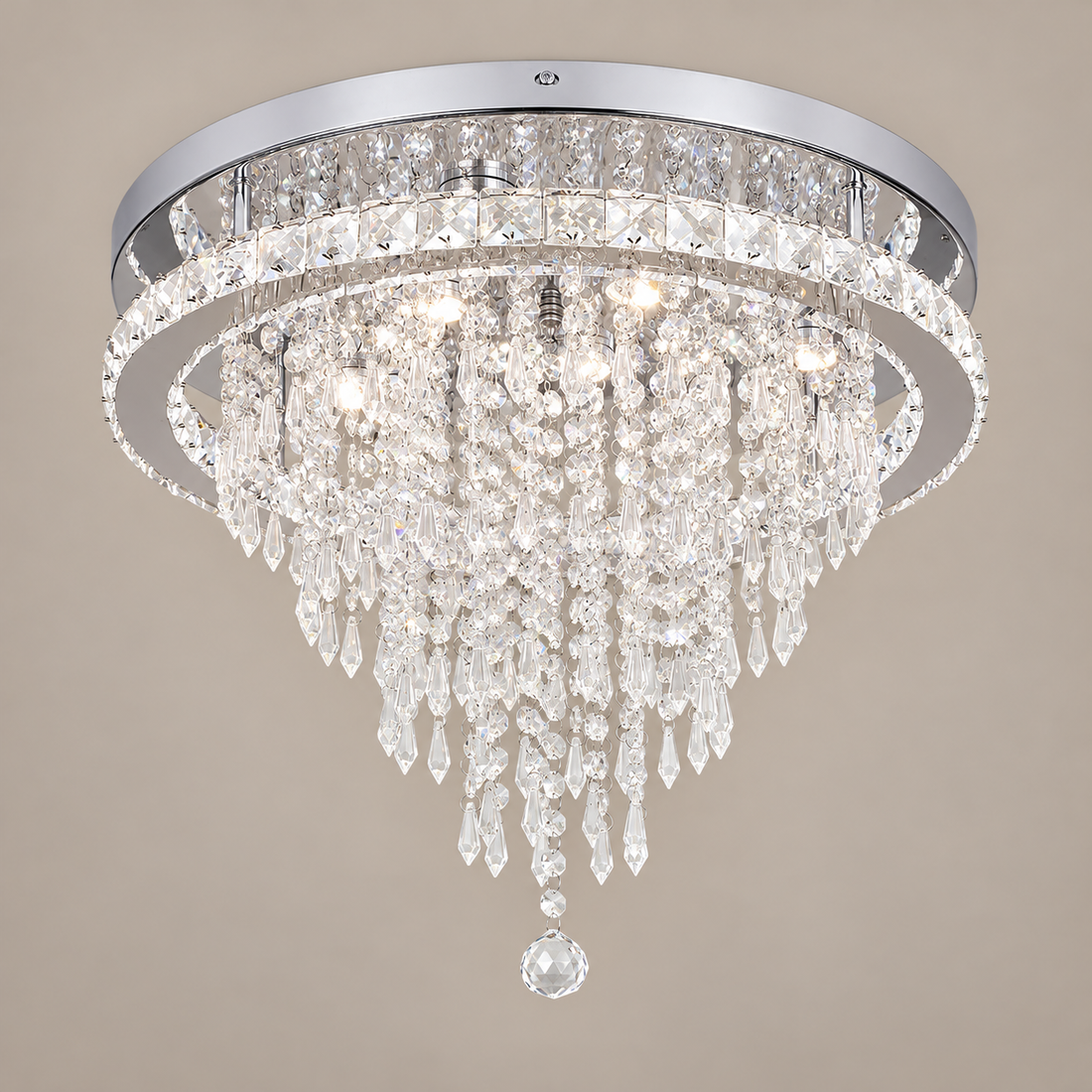 Waterdrop Cluster LED Chandelier – 50 cm on a mushroom taupe background
