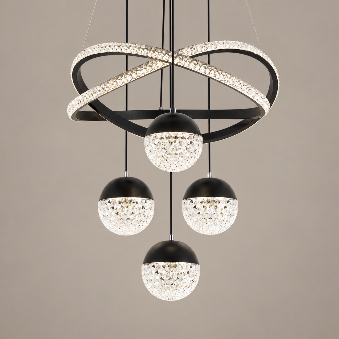 Black 40 cm Three-Colour LED Chandelier on a mushroom taupe background
