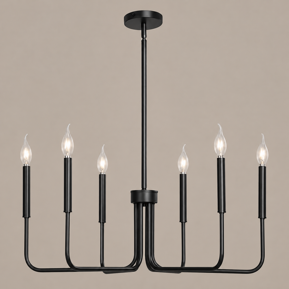 Black 6-Light Farmhouse Chandelier on a mushroom taupe background