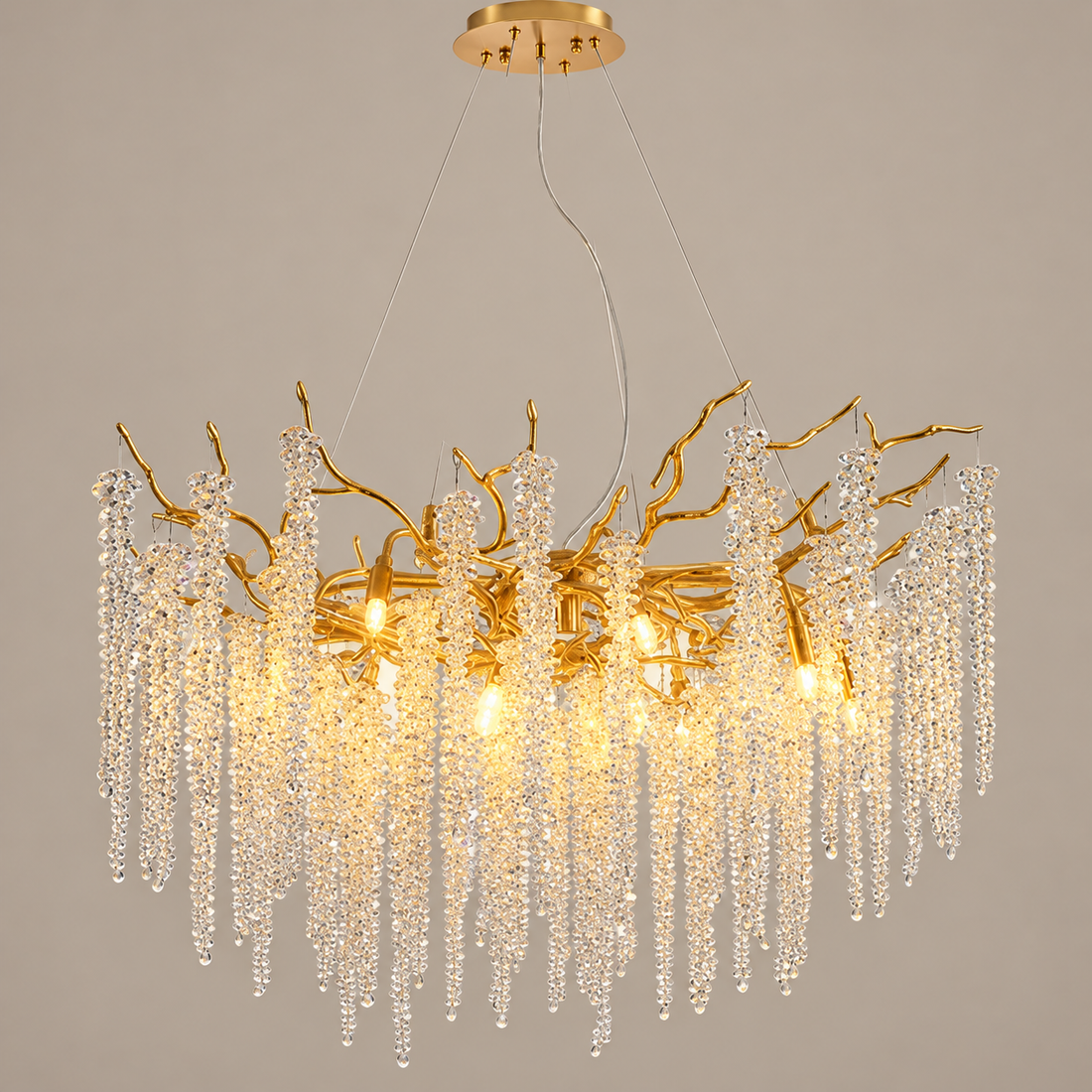 Crystal Raindrop Branch Chandelier gold on a mushroom taupe background