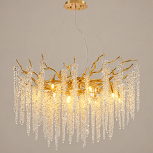 Crystal Raindrop Branch Chandelier gold on a mushroom taupe background