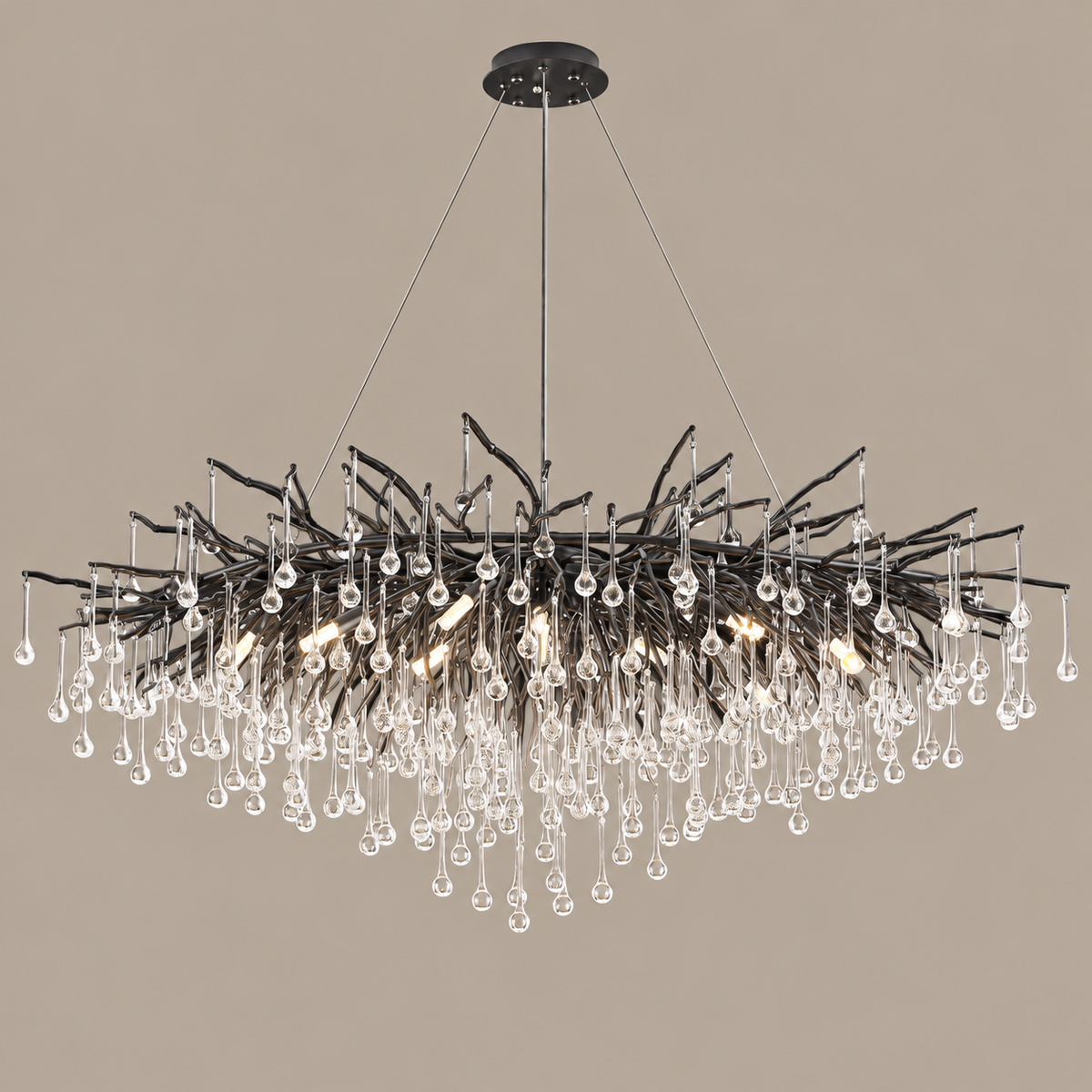 Black Branch Crystal Chandelier linear on a mushroom taupe background
