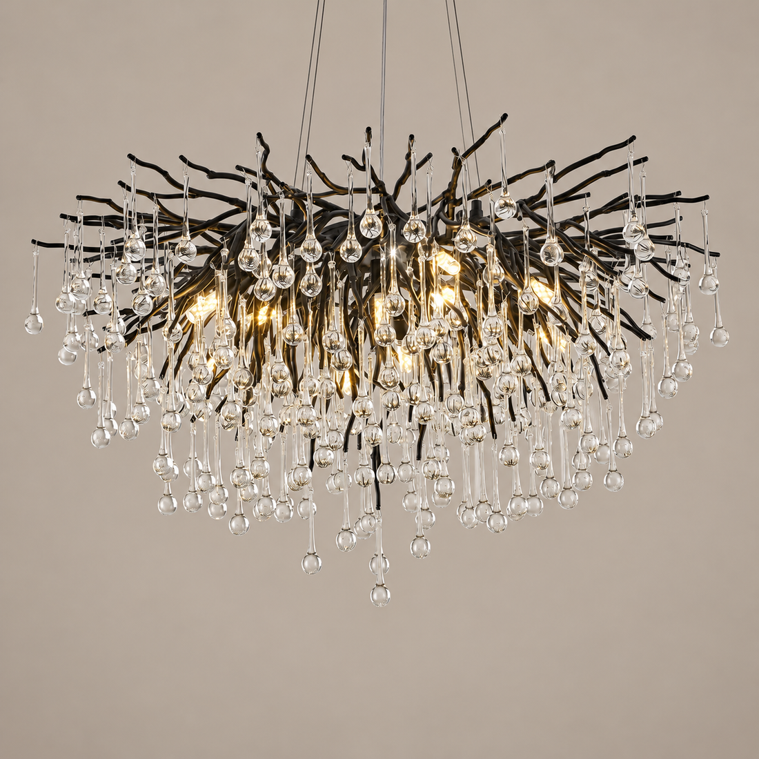 Black Branch Crystal Chandelier round on a mushroom taupe background