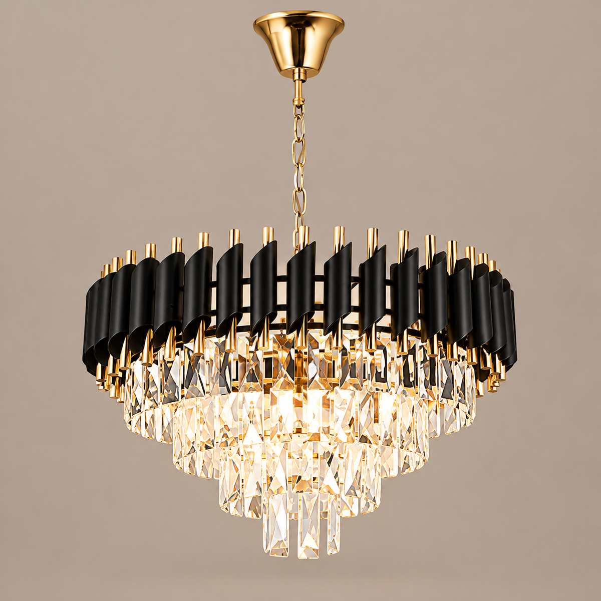 55 cm Crystal Drum Chandelier black on a mushroom taupe background