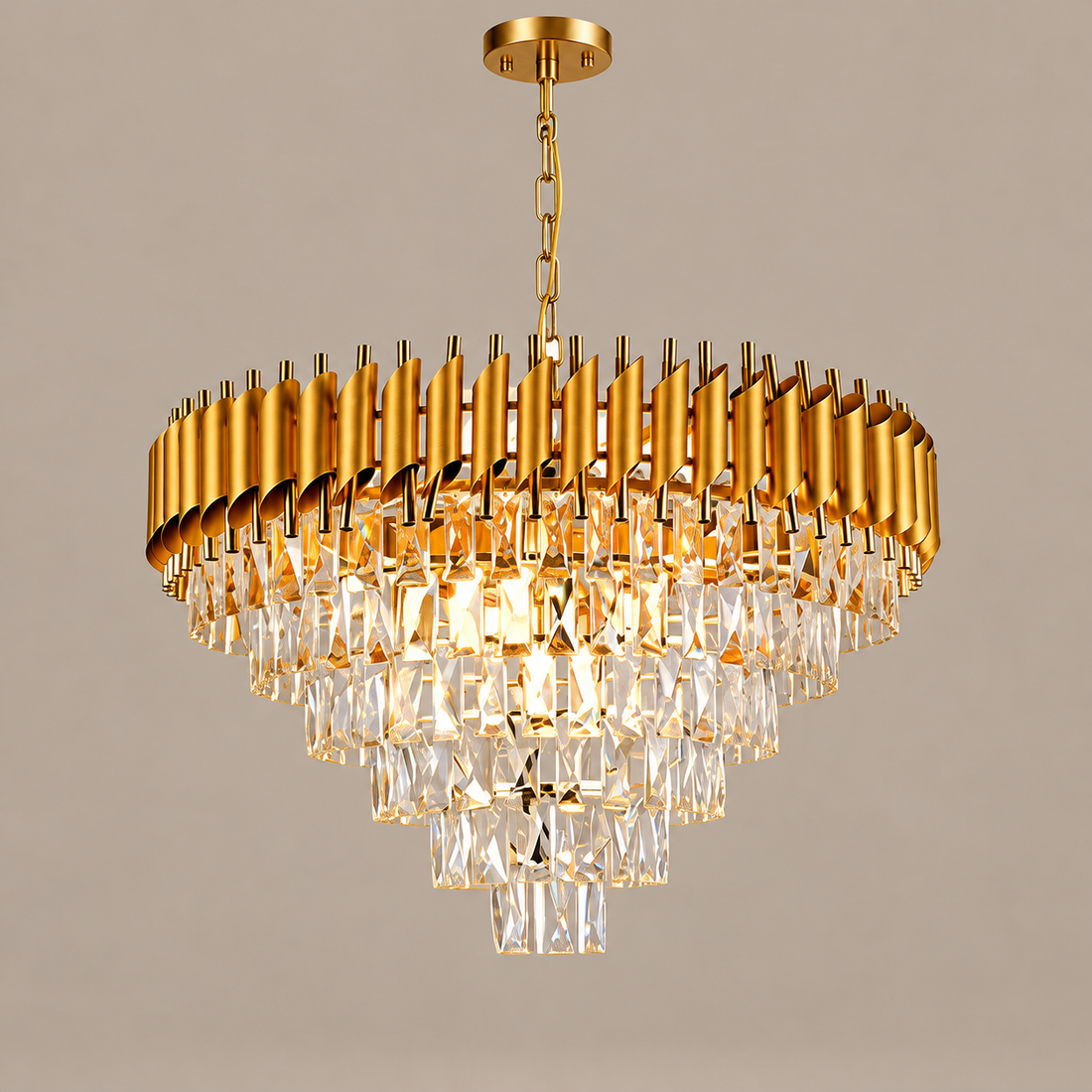 55 cm Crystal Drum Chandelier gold on a mushroom taupe background