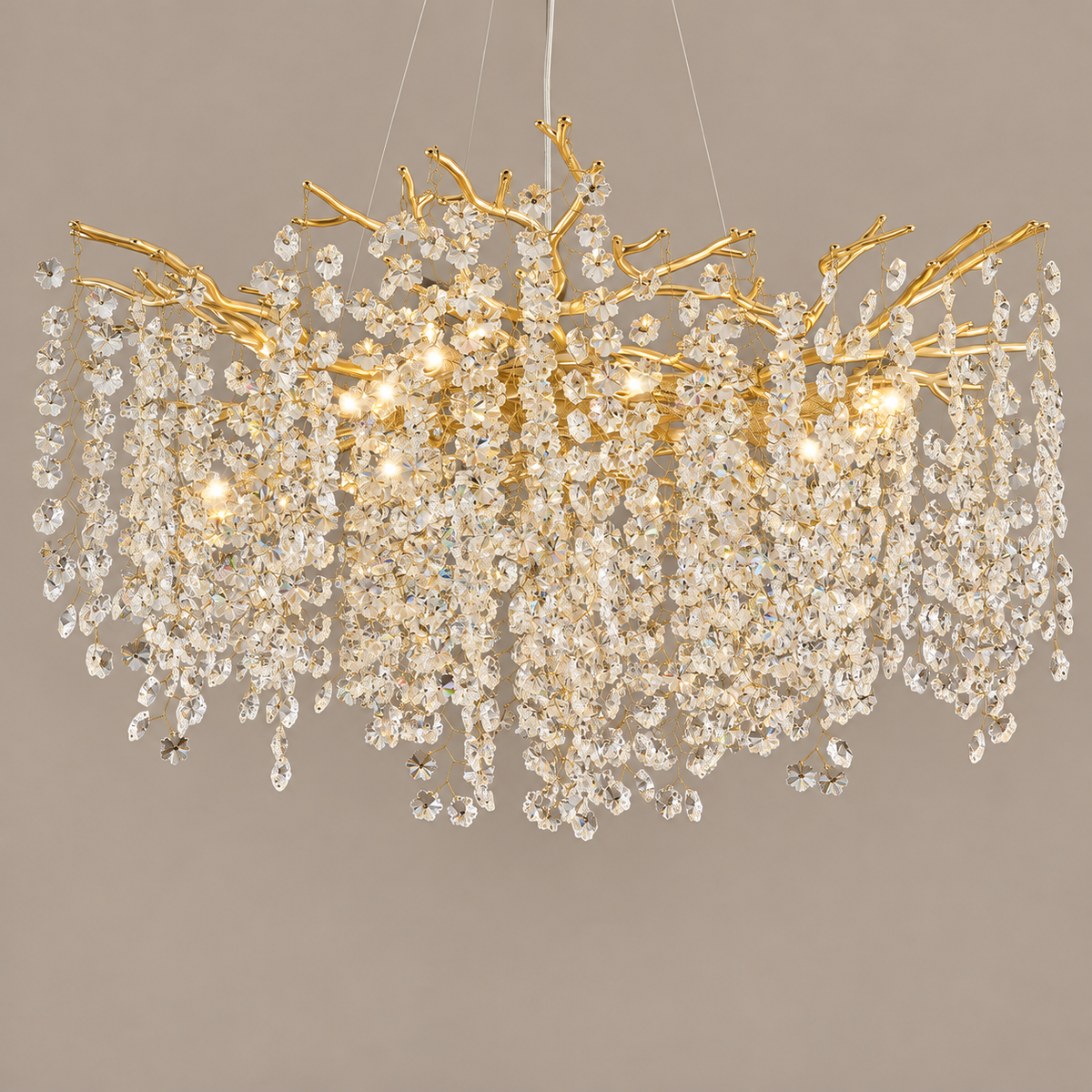 60–80 cm Crystal Branch Chandelier gold on a mushroom taupe background