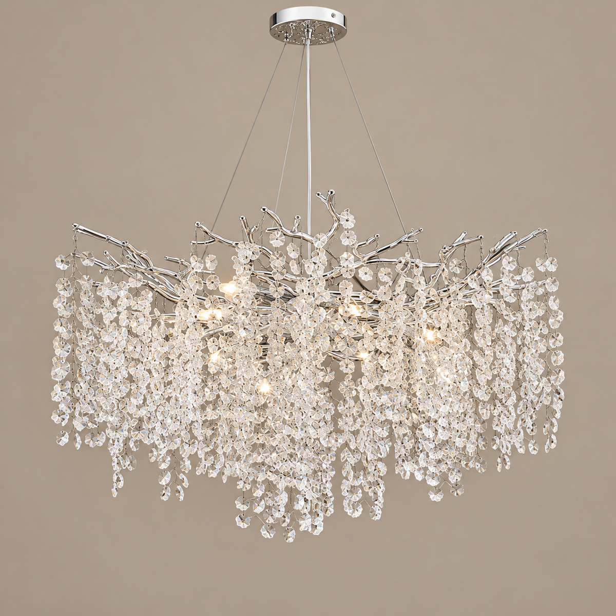 60–80 cm Crystal Branch Chandelier silver on a mushroom taupe background