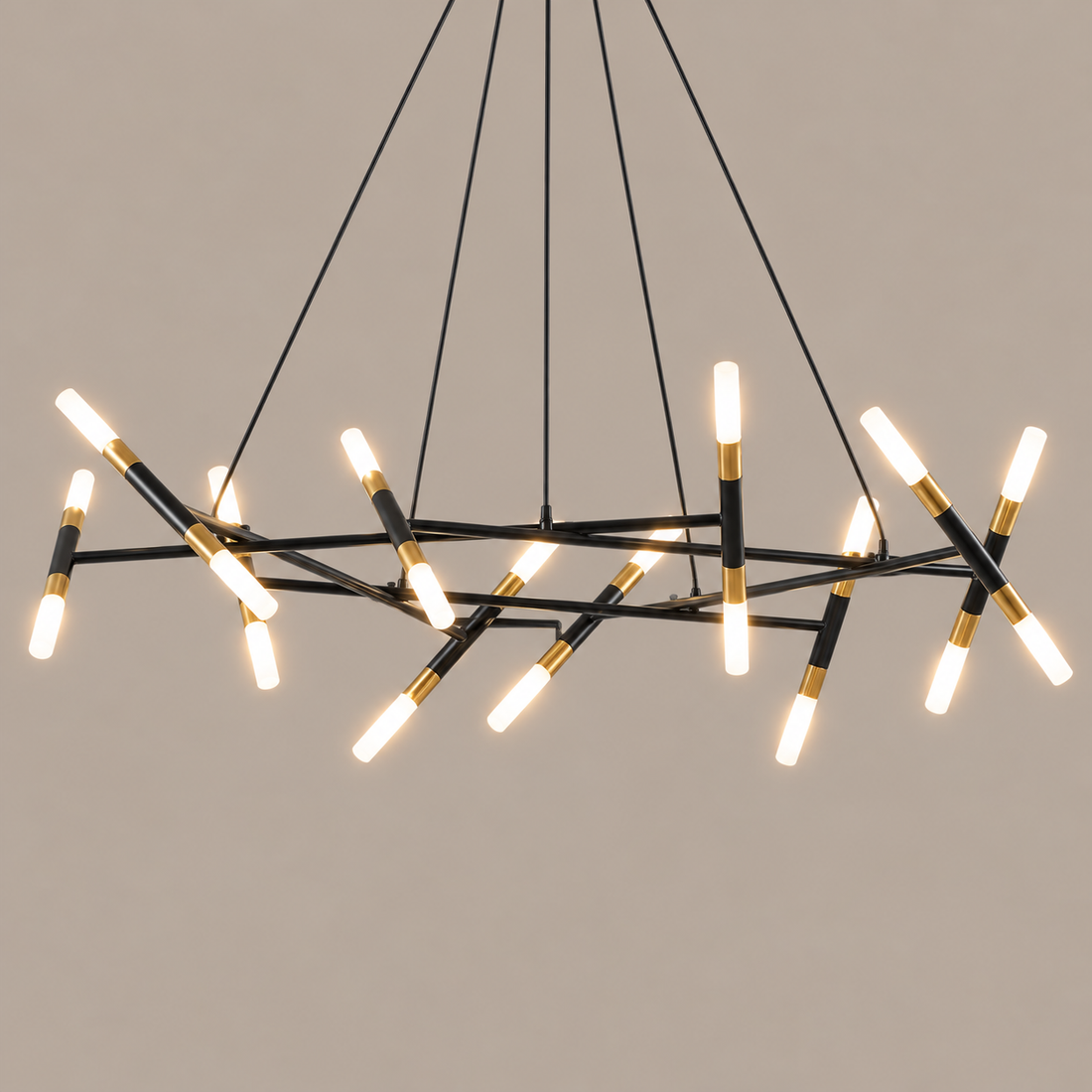 41 in Black & Gold LED Tube Chandelier on a mushroom taupe background