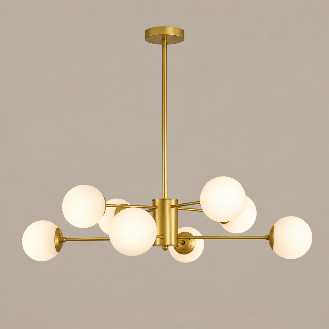35 in Gold 8-Light Glass Globe Chandelier on a mushroom taupe background