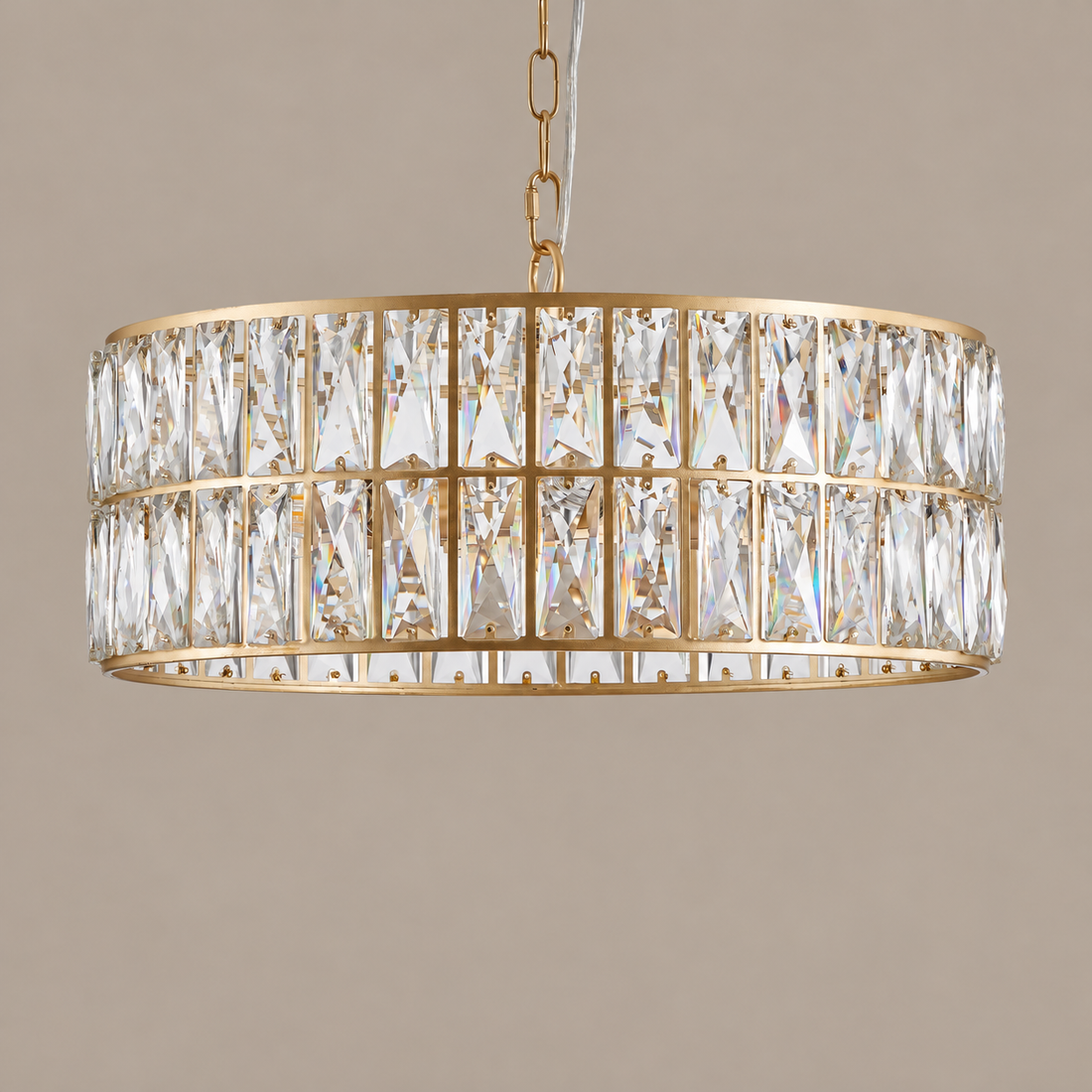 18 in Gold 6-Light Crystal Drum Chandelier on a mushroom taupe background