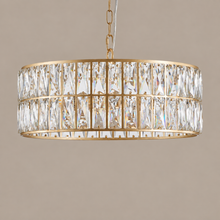 18 in Gold 6-Light Crystal Drum Chandelier on a mushroom taupe background
