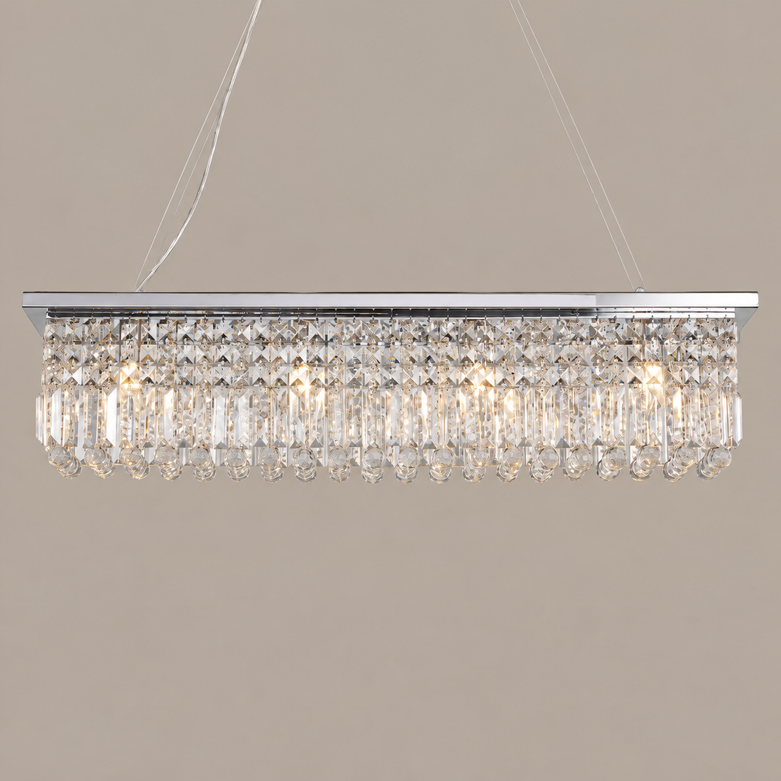 100 cm Chrome 8-Light Crystal Chandelier on a mushroom taupe background