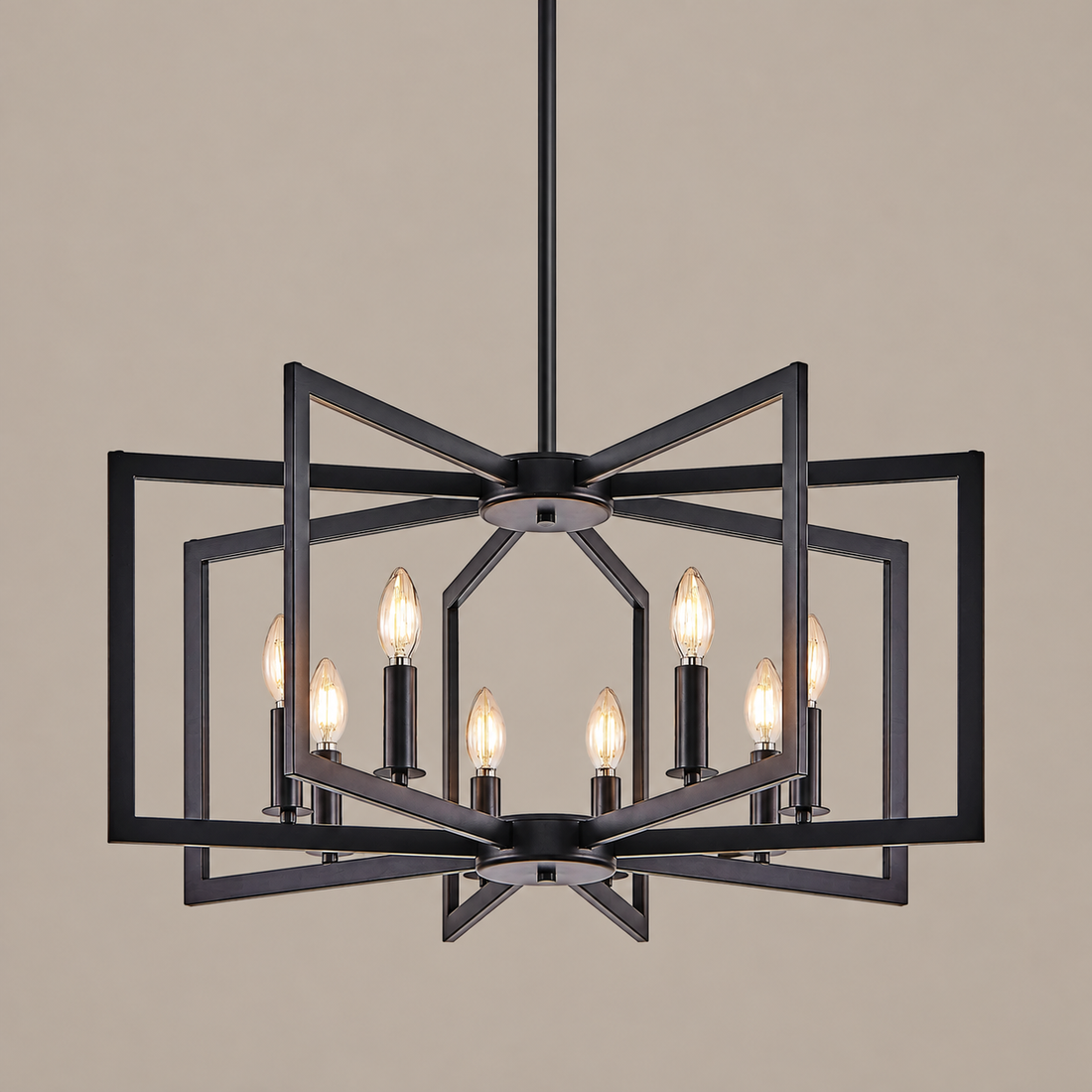 27.2 in Black 8-Light Geometric Chandelier on a mushroom taupe background