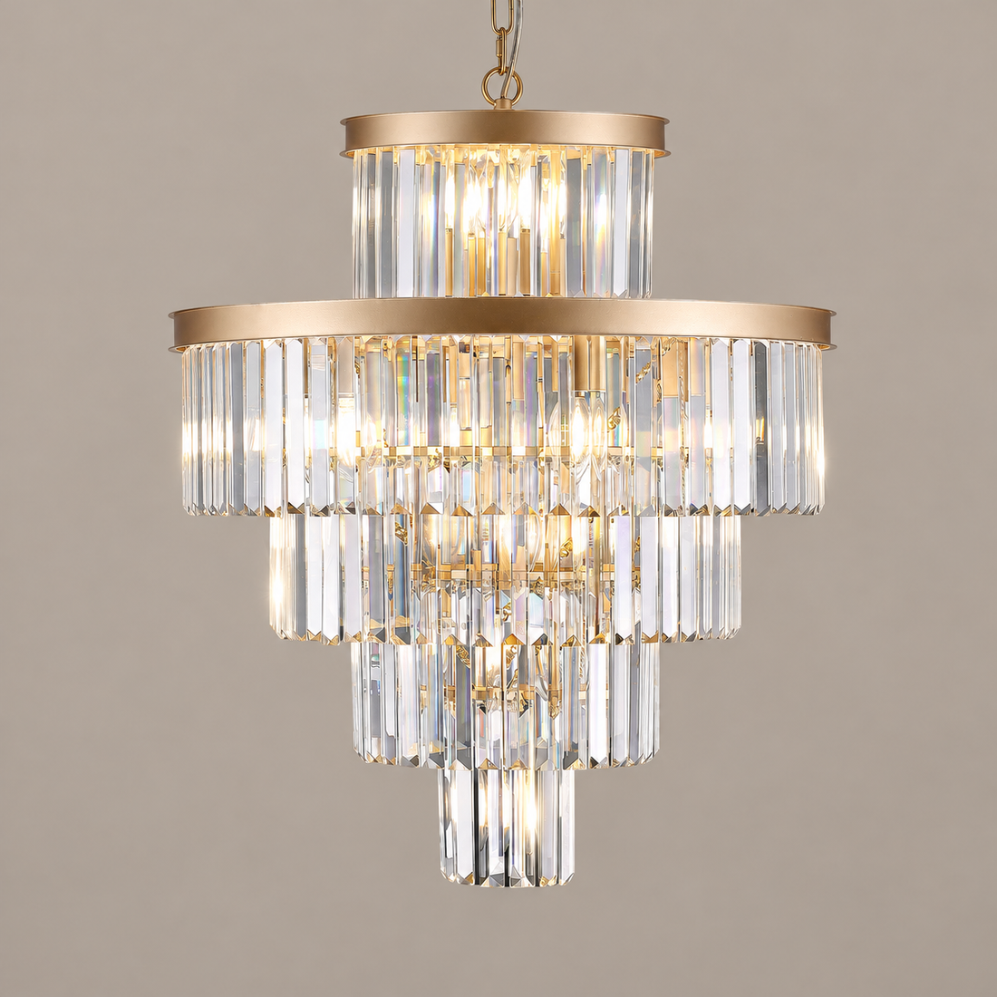 60 cm Gold 15-Light Crystal Chandelier on a mushroom taupe background