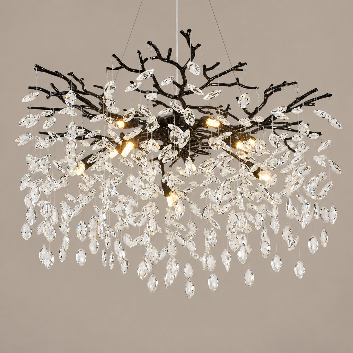 Round Crystal Branch Chandelier black on a mushroom taupe background