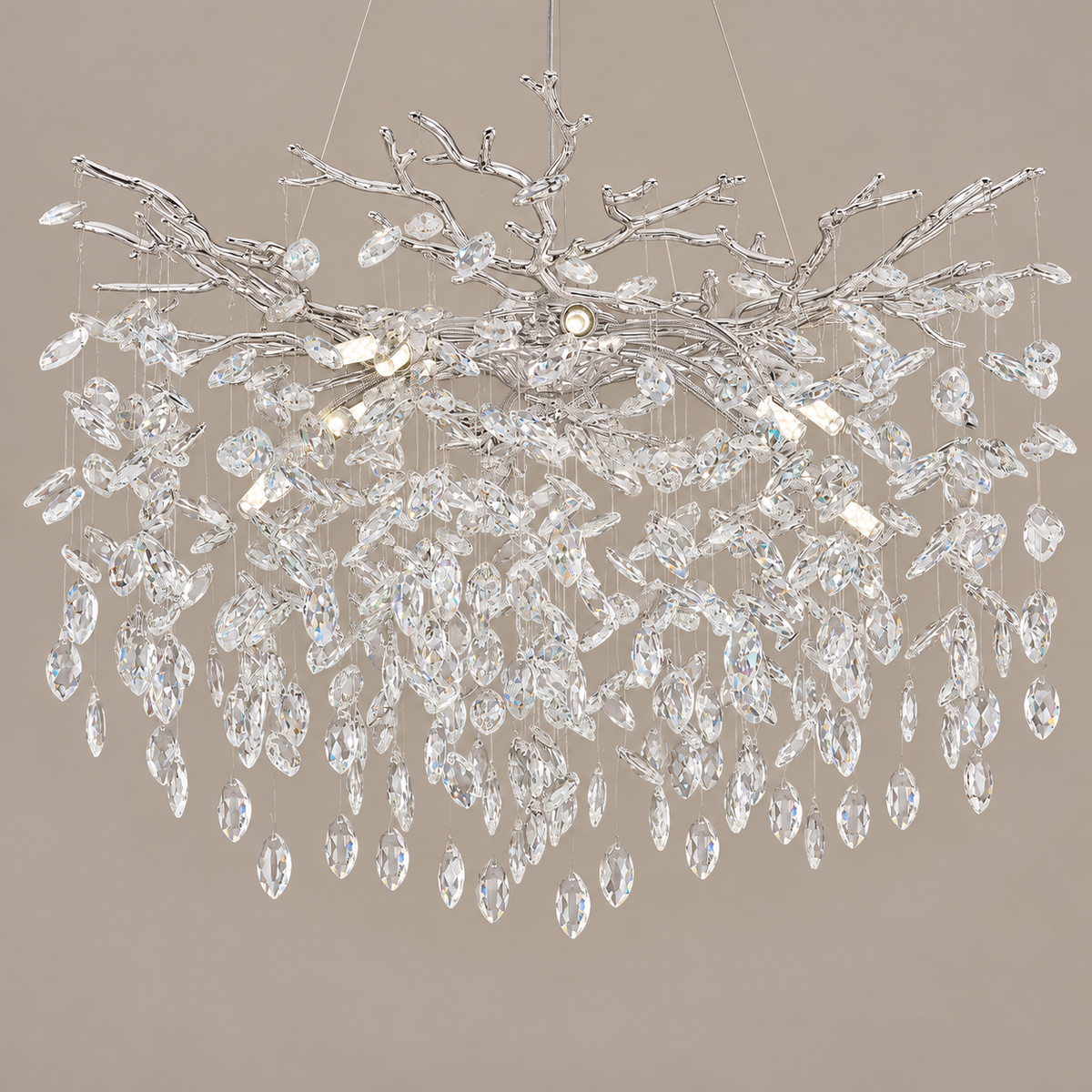 Round Crystal Branch Chandelier chrome on a mushroom taupe background