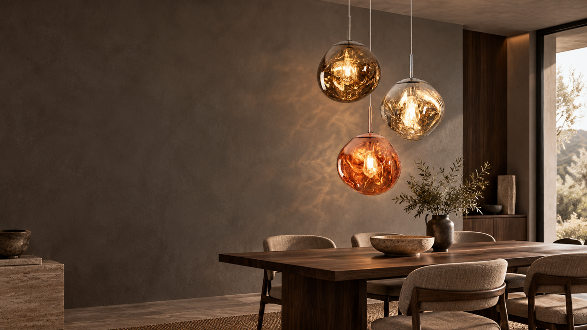 LAVA sculptural pendant lights in a warm contemporary dining room