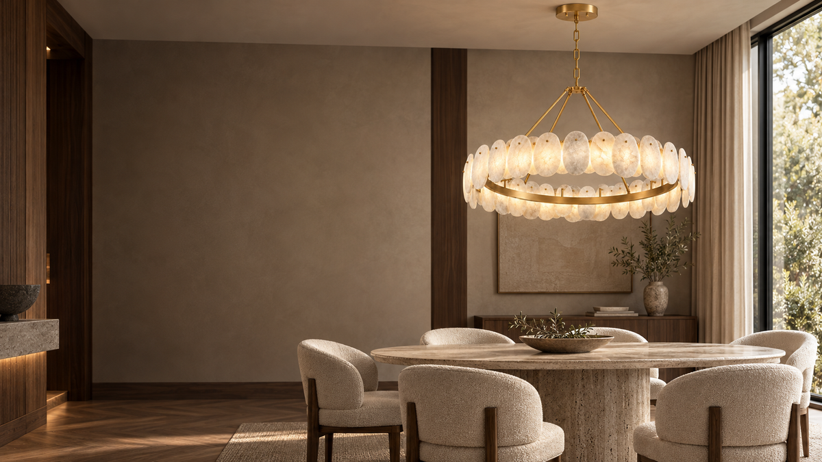 Soleil alabaster and brass chandelier above a travertine dining table in a warm, elegant room