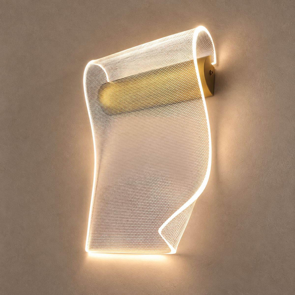 ZEPHYR WALL curved clear acrylic and brushed gold wall light on mushroom taupe plaster with natural shadows