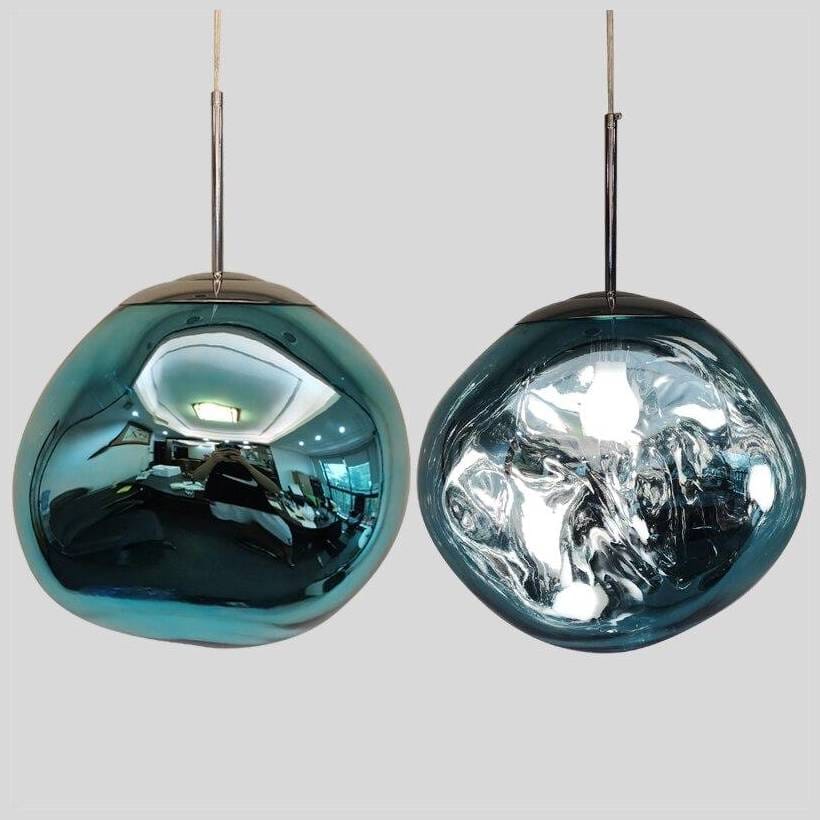 LAVA blue pendant pair, one unlit with mirror finish and one lit
