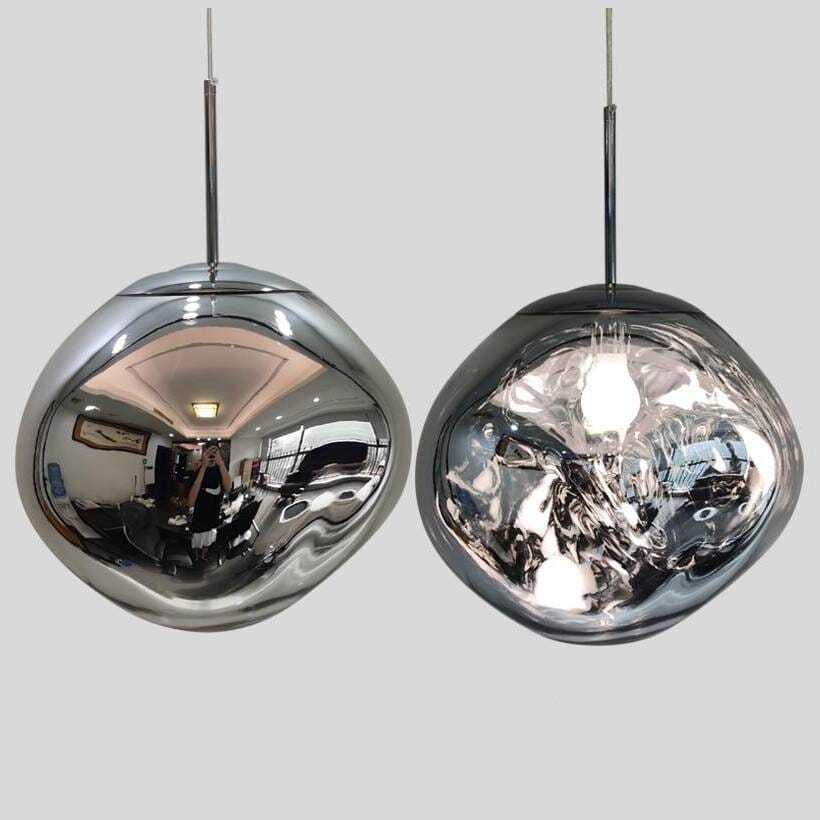 LAVA silver pendant pair, one unlit with mirror finish and one lit