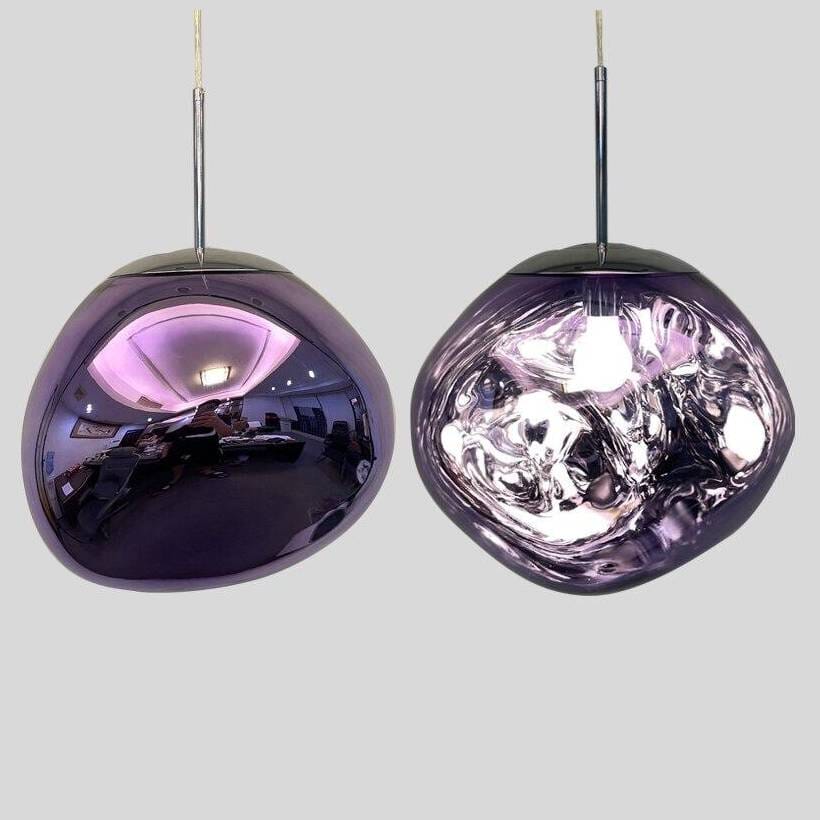 LAVA purple pendant pair, one unlit with mirror finish and one lit