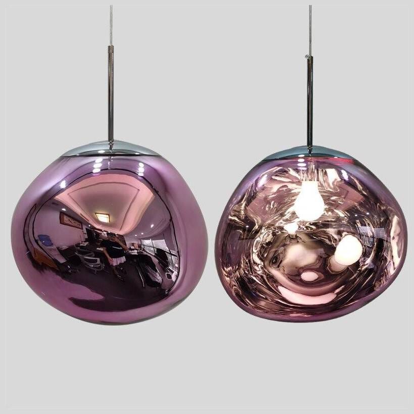 LAVA pink pendant pair, one unlit with mirror finish and one lit